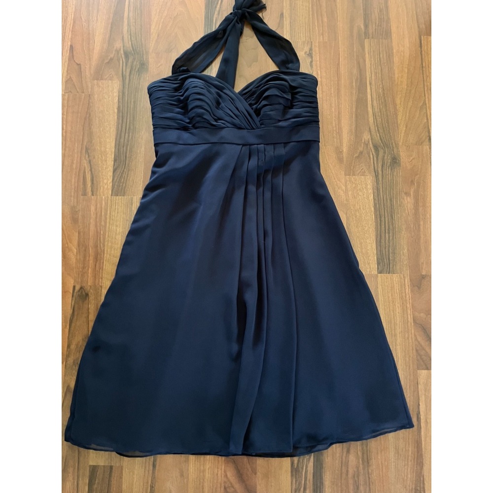 BILL LEVKOFF Lined FIt and Flare Navy Blue Dress Size 10 Ruched Bust Halter Tie
